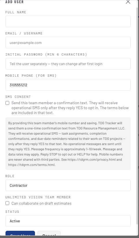 TDG Tracker Add User screen: mobile phone entered, SMS Consent section showing the unchecked confirmation-request checkbox and the full double opt-in disclosure linking tdgrm.com privacy and terms